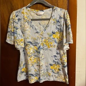 LC Lauren Conrad Floral V-Neck Top - Blue and Yellow